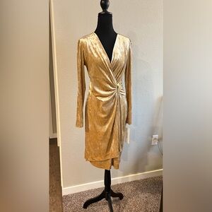 Calvin Klein Gold Velvet Long Sleeve Wrap Dress Size 6